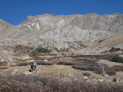 Jenny and I heading to the base of Mount Harvard