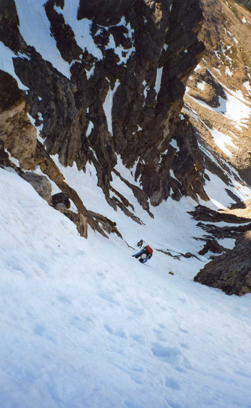 Looking back at Jody halfway up the Skywalker Couloir on South Arapahoe Peak