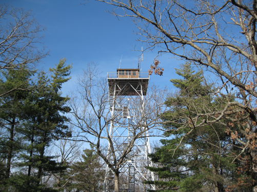 The fire tower, with its rickety stairs. Notice how much the sky has cleared up! The observation platform was closed but you could take the stairs almost to the top. 
