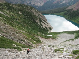 Climbing Snowmass Mountain above Snowmass lake