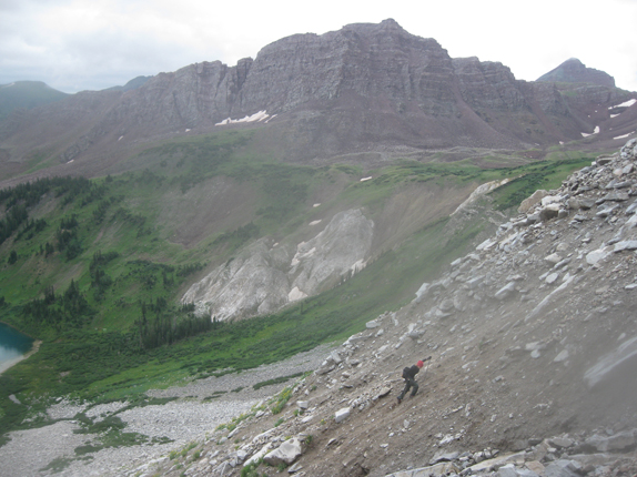Pushing the scree slope on Snowmass Mountain