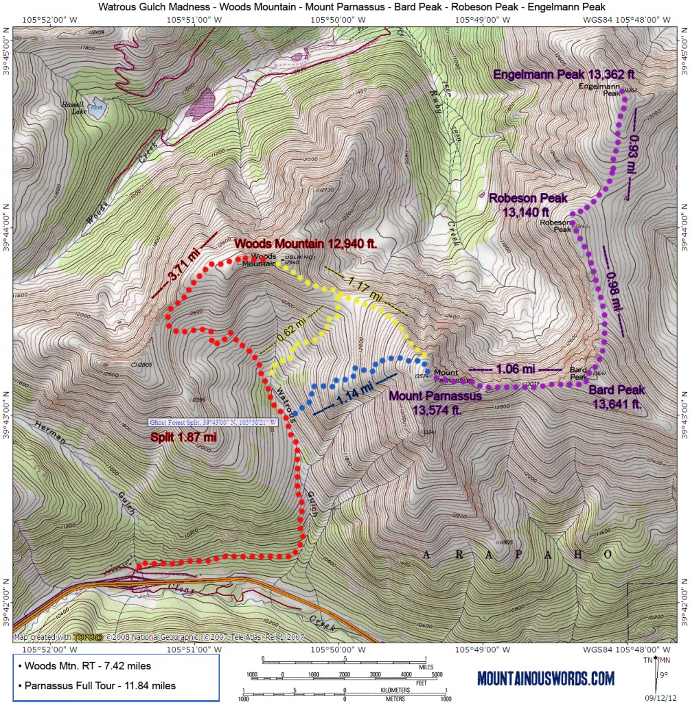 Watrous Gulch - Woods Mountain - Mount Parnassus - Bard Peak - Engelmann Peak - Robeson Peak